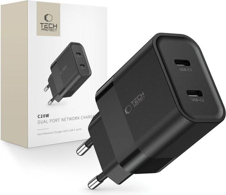 Image du produit Tech-Protect C20W mains charger 2x USB-C PD 20W - noir (20 W)