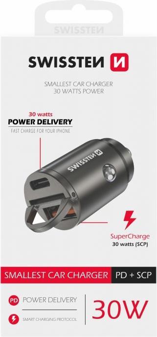 Produktbild Swissten Car Adapter Power Delivery USB-C + Super Charge 3.0 30W NANO