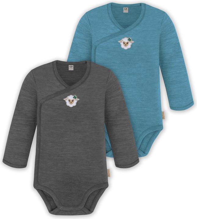 Normani 2er Set Unisex Baby Wickelbody Langarm-Strampler Einteiler aus Merinowolle - 9351