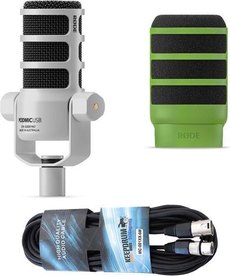Produktbild RØDE Mikrofon Podmic USB Weiss mit WS14G Popschutz Grün und Kabel