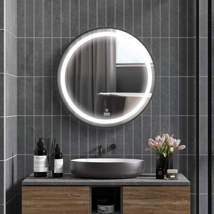 Produktbild Swisshandel24 Badezimmerspiegel, LED-Beleuchtung, dimmbar, 3 Lichtfarben, Metallrahmen, Ø60 cm, Schwarz (Ø 60 cm)