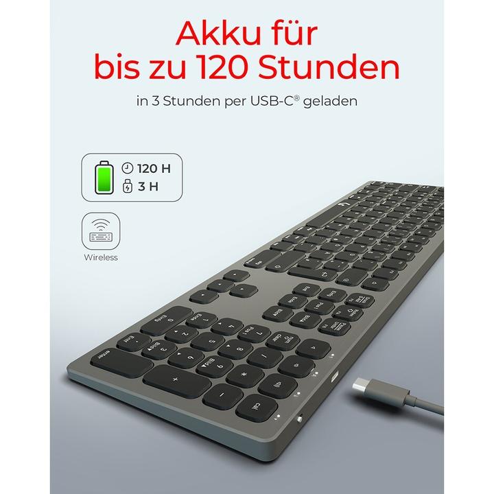 Produktbild KeySonic Full-Size Aluminium Tastatur, Bluetooth® & RF, für Win & macOS (DE, Kabellos)