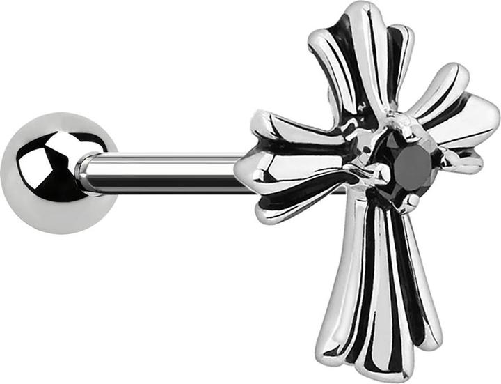 Actual product image Star Piercing Micro Barbell mit Vintage Kreuz und Kristall schwarz (Surgical steel 316L, Brass)