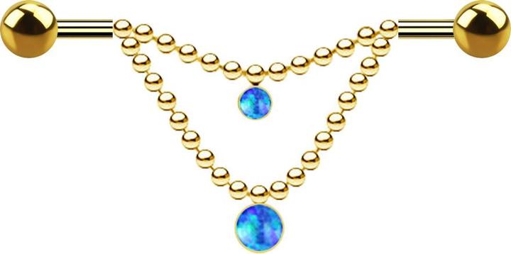 Actual product image Star Piercing Barbell gold-plated two balls two chains opal blue (Surgical steel 316L)