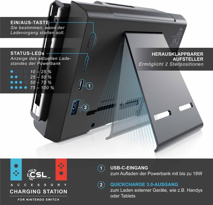 Immagine prodotto CSL Custodia per batteria Nintendo Switch da 10000mAh, powerbank per controller con impugnature (Switch)