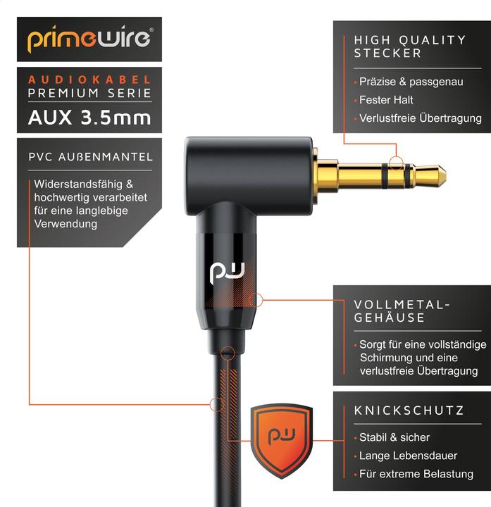 Produktbild Primewire AUX zu 3,5mm Klinke Audio Kabel 90° gewinkelt, HiFi Klinkenkabel Verbindungskabel für Audiogeräte (2 m, 3.5mm Klinke (AUX))