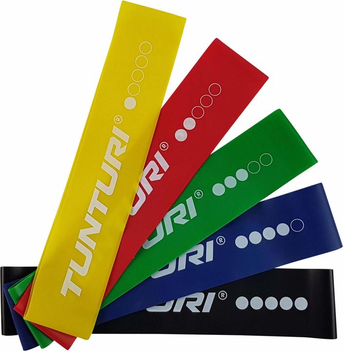 Tunturi Mini Resistance Band Set 5 Stück - 5 Gummi Gymnastikbänder mit Netztasche (0.50 m, Extra Leicht, Leicht, Mittel, Stark, Extra Stark)