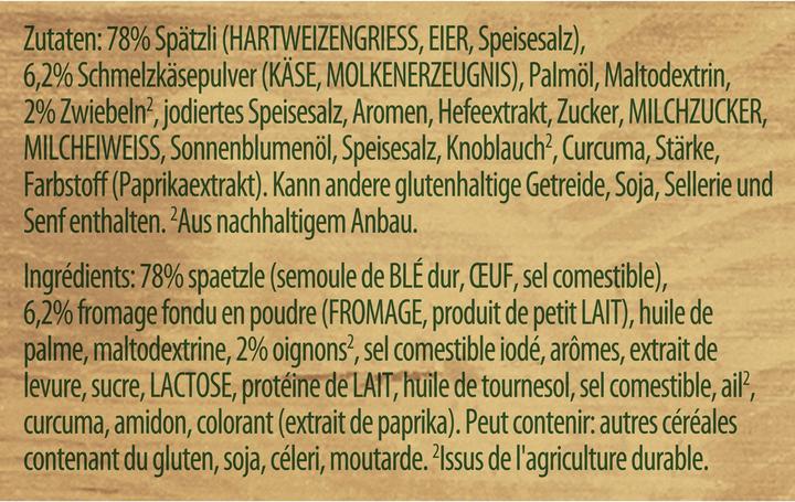 Nutritional values and ingredients Knorr Hütten Lunch du Chalet Chäs Spätzli bag, creamy cheese, finest spaetzli & ham, ready meal (180 g)