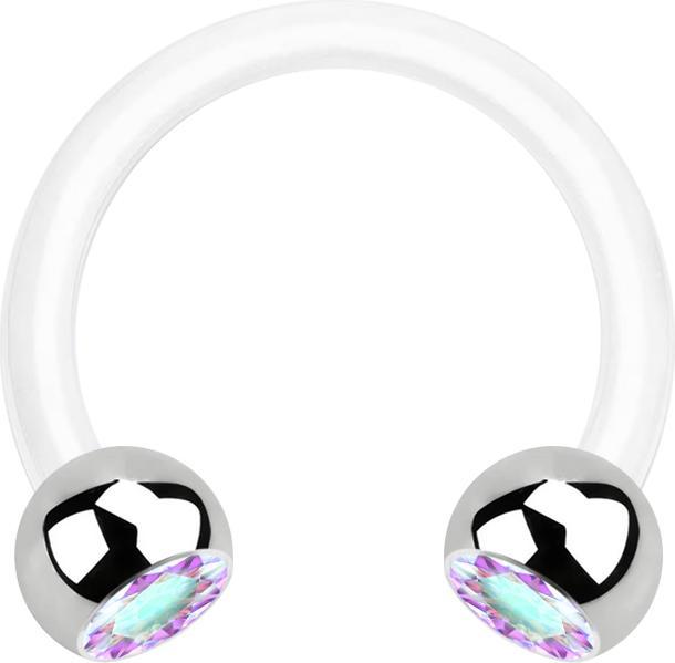 Star Piercing Micro Circular Barbell weiss mit zwei Kugeln silber Kristall multicolor (Chirurgenstahl 316L, Bioflex, ohne Messing)