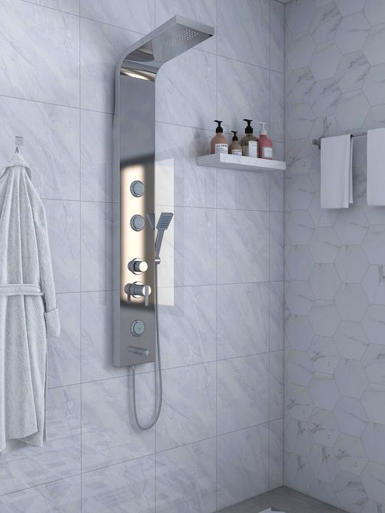Immagine prodotto PureHaven Pannello doccia di lusso in acciaio inox 140x20x46 cm Doccia a pioggia Doccia tropicale Funzione