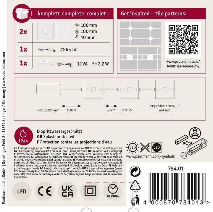 Actual product image Paulmann Luminaire LumiTiles Basic Set 2x0,8W (Warm white, 1 cm, Indoor)