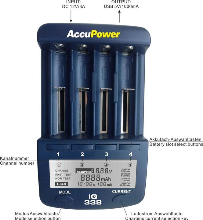 Actual product image AccuPower Round Cell Charger NiCd, NiM (14500, 18650, AA, CR123A, Battery + charger)