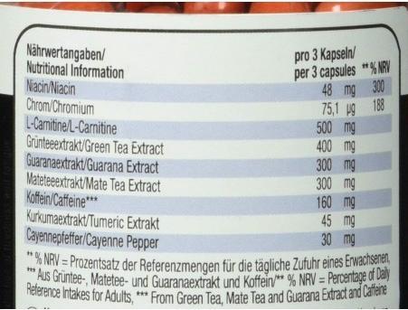 Valori nutrizionali e ingredienti Weider Body Shaper Thermo (120 Pezzo/i, Pillole, 90 g)