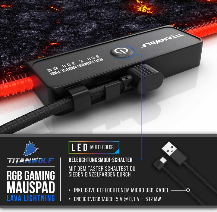 Immagine prodotto Titanwolf Tappetino per mouse da gioco RGB, tappetino per mouse XL 800 x 300 mm migliora la precisione e la