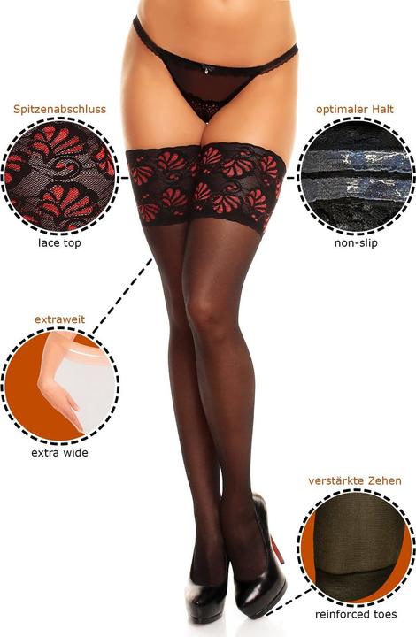 Actual product image Glamory Deluxe 20 stay up stockings, colour black-red, size 60-62 (20 DEN, 60 - 62)