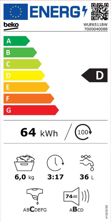 Etichetta energetica Beko WUE6511BW (6 kg, A sinistra)