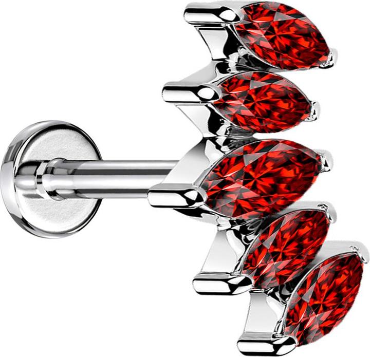 Star Piercing Micro Labret Innengewinde silber Fächer mit fünf Kristalle rot (ohne Messing, Chirurgenstahl 316L)