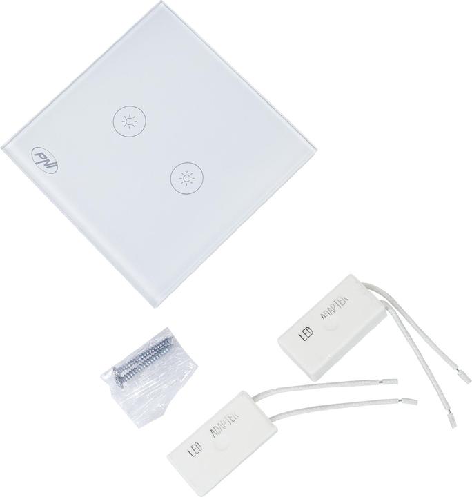 Actual product image PNI Double switch with touch and dimmer SafeHome DIM202, 2X700W, Live Wire, without zero, glass