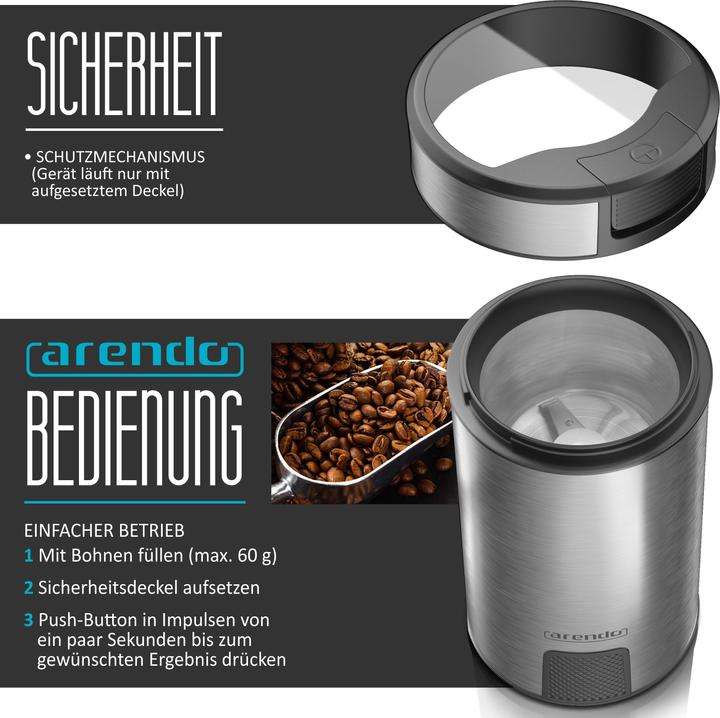 Actual product image Arendo Electric coffee grinder stainless steel, spice grinder coffee grinder, stainless steel blade