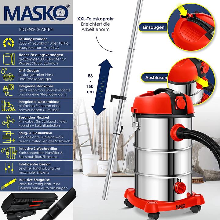 Immagine prodotto Masko Aspirapolvere industriale senza sacco rosso (Aspirapolvere a umido e a secco)