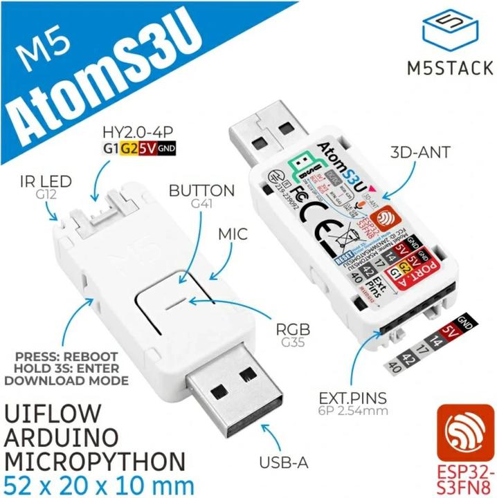 Image du produit M5Stack Kit de développement AtomS3U ESP32S3 avec USB-A