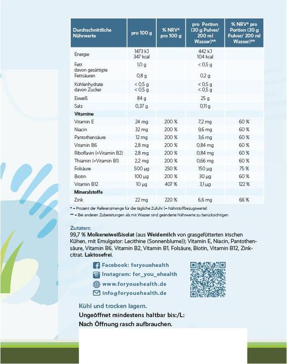 Actual product image For You whey protein isolate neutral - from Irish pasture farming, lactose-free (Neutral)