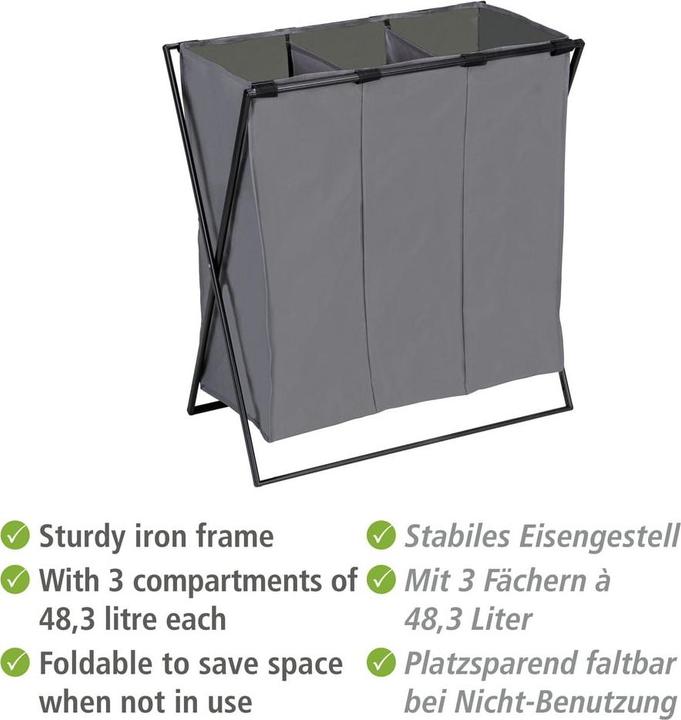 Actual product image Wenko Wäschesammler Mod. Trio XL Grau mit drei Fächern