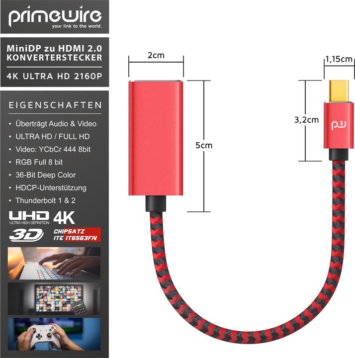 Immagine prodotto Primewire Adattatore da Mini Displayport a Hdmi 2.0 4K, cavo Mini DP, adattatore mDP, 4K@60Hz, Thunderbolt (0.15 m, HDMI)