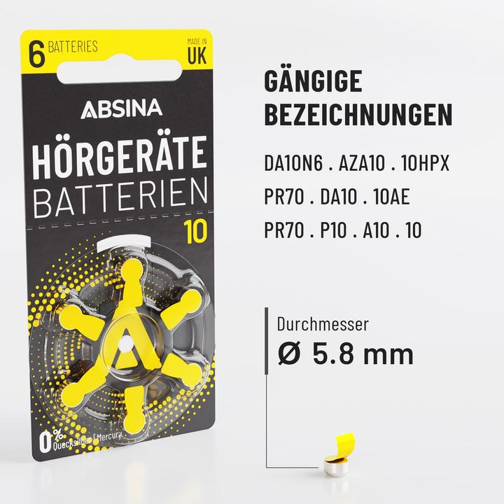 Produktbild Absina PR70 Hörgerätebatterie ZA 10 Zink-Luft 1.4 V 6 St. (6 Stk., 10)