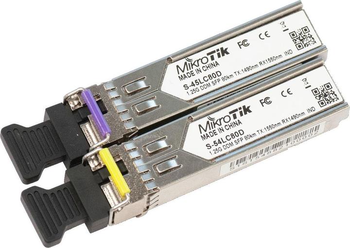 Image du produit MikroTik Mikronur MIKRONUR S-4554LC80D PAIR OF SFP MODULES (1.25 G SM 80KM T1490NM/R1550NM LC) + (1.25 G SM 8