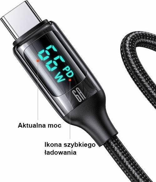 Actual product image Usams Cable pleciony U78 USB-C 1.2m LED 6A Fast Charging czarny/black SJ544USB01 (US-SJ544) (1.20 m)