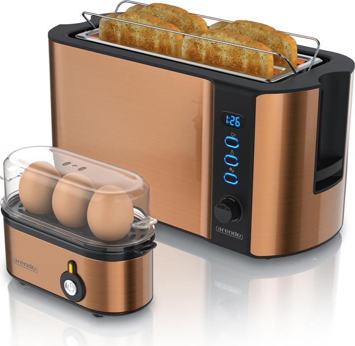 Actual product image Arendo Breakfast set, 4-slice long slot toaster with bread roll top & egg boiler for 3 eggs, copper