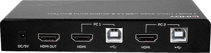 Actual product image Lindy 2 Port KVM Switch HDMI 4K60, USB 2.0 & Audio Switches between 2 HDMI PCs from a single console.