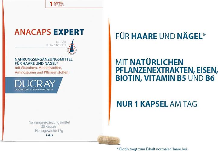 Nutritional values and ingredients Pierre Fabre Ducray Anacaps Expert, 30 capsules (Body lotion)
