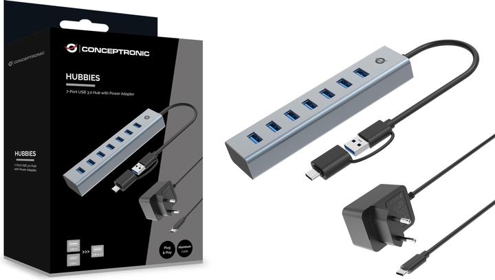 Produktbild Conceptronic USB-Hub 7-Port 3.0 ->7x3.0 5Gbps ink PW.Adapter (USB-A, 7 Ports)