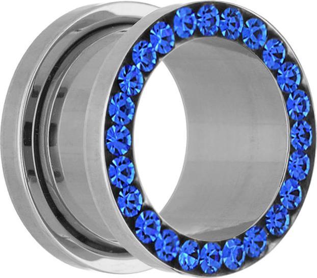 Star Piercing Flesh Tunnel silber mit Kristall dunkelblau (ohne Messing, Chirurgenstahl 316L)