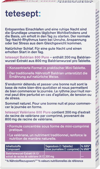 Nährwerte und Zutaten Tetesept Baldrian 800 Pure Tabletten (40 Stück, Tabletten, 27 g)
