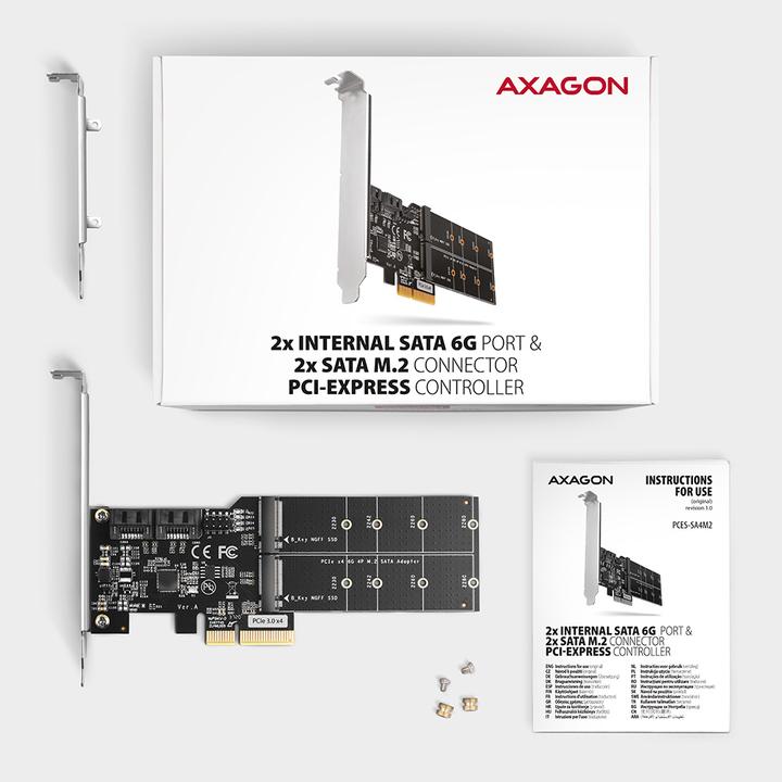 Image du produit Axagon PCES-SA4M2 Contrôleur PCIe 2x port interne SATA 6G + 2x port interne M.2 B-key SATA + LP