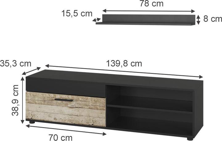 Actual product image Vichy Lowboard & Regal Berno, Schwarz/Sandeiche, mit 1 Klappe