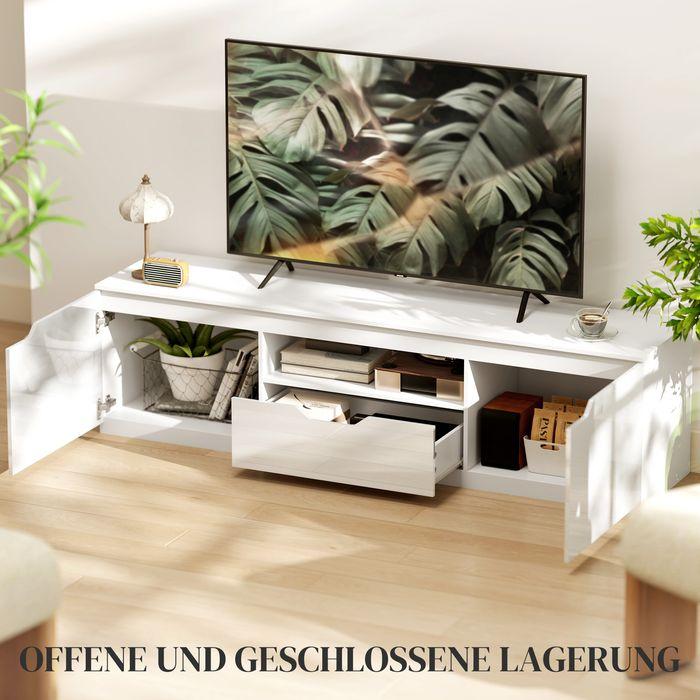 Actual product image Swisshandel24 Hochglanz TV-Lowboard für Fernseher bis 65 Zoll, 3 Fächer, Schublade, Weiss (160 x 38 x 43 cm)