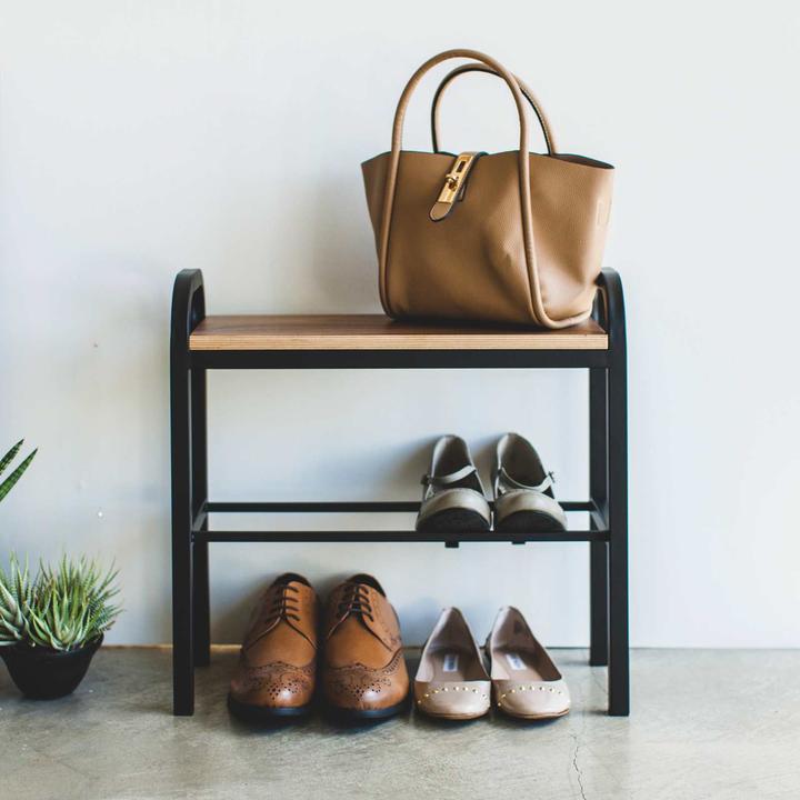 Actual product image Yamazaki shoe rack with wooden board - Tower - Black (4788)