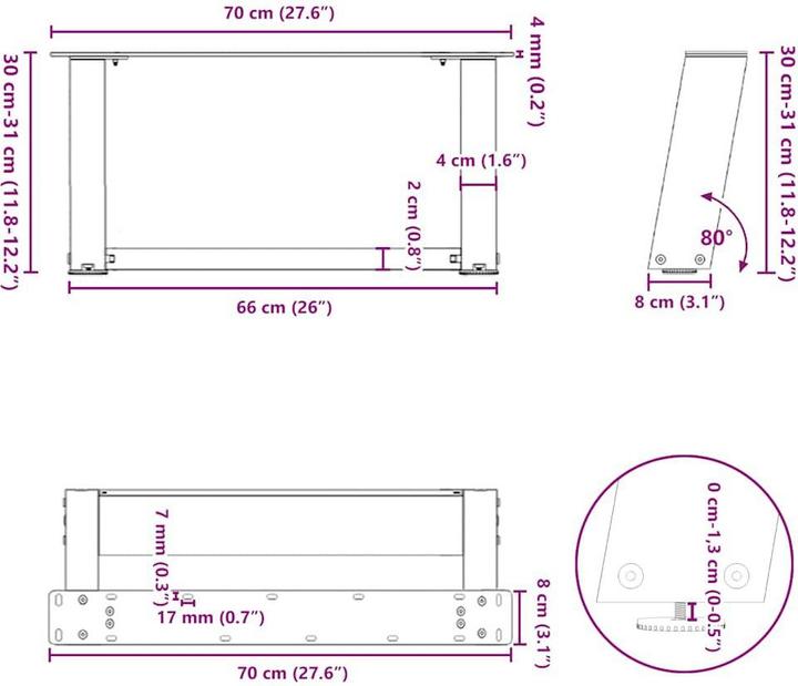 Image du produit VidaXL Pieds de table basse en U 2 pcs. noir 70x(30-31) cm acier Pied de table