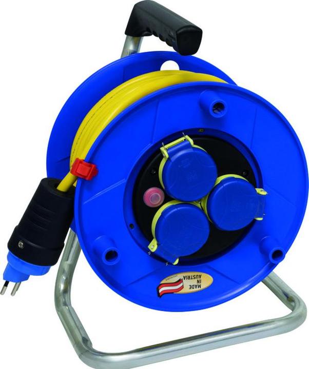 Immagine prodotto Brennenstuhl BAT avvolgicavo 290 IP44 blu 33m AT-N07V3V3-F 3G1.5 giallo, prese triple (IP55) T13/230V con (33 m, 1.50 mm².)