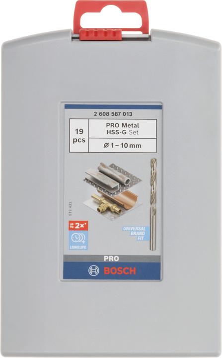 Actual product image Bosch Professional Zubehör PRO Metal HSS-G twist drill set, 19 pcs. (1 mm, 1.5 mm, 2 mm, 2.5 mm, 3 mm, 3.5 mm, 4 mm, 5 mm, 5.5 mm, 6 mm, 6.5 mm, 7 mm, 10 mm, 8 mm, 8.5 mm, 9 mm, 9.5 mm, 4.5 mm, 7.5 mm)
