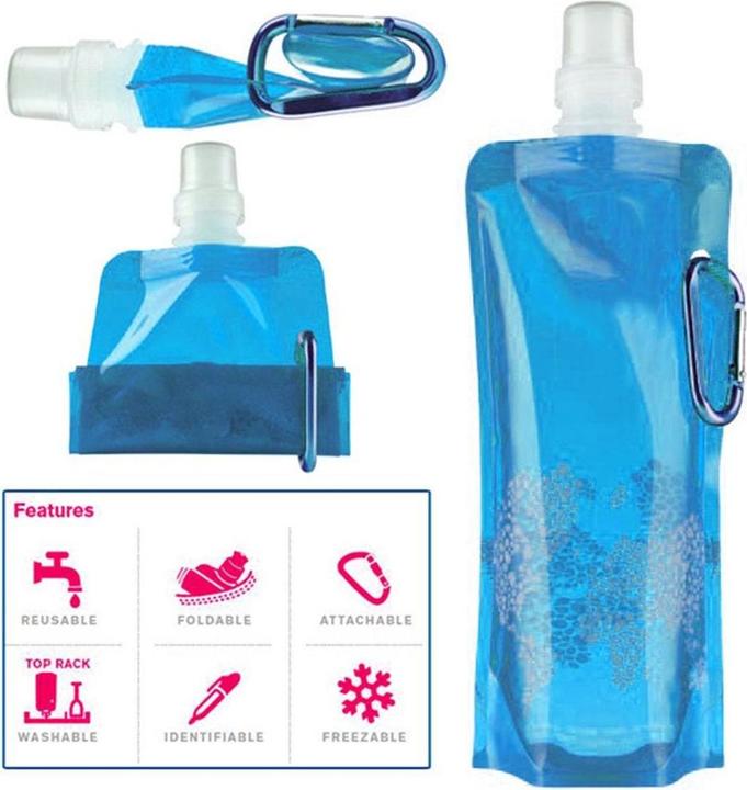 Produktbild König Design Wasserflasche faltbare Trinkflasche mit Karabiner wiederverwendbar Trinkbeutel (0.50 l)