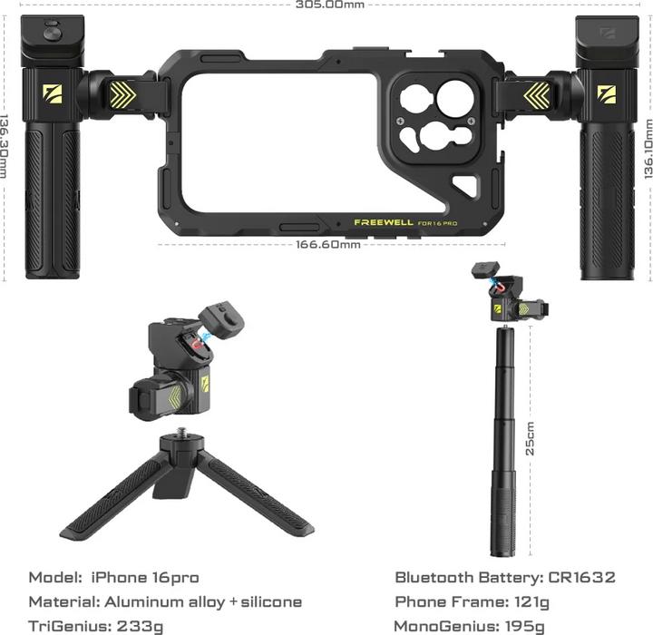 Produktbild Freewell iPhone 16 Pro Genius Rig iPhone 16 Pro Genius Rig Cage, Tripod and Monopod Handles, Bluetooth Remote