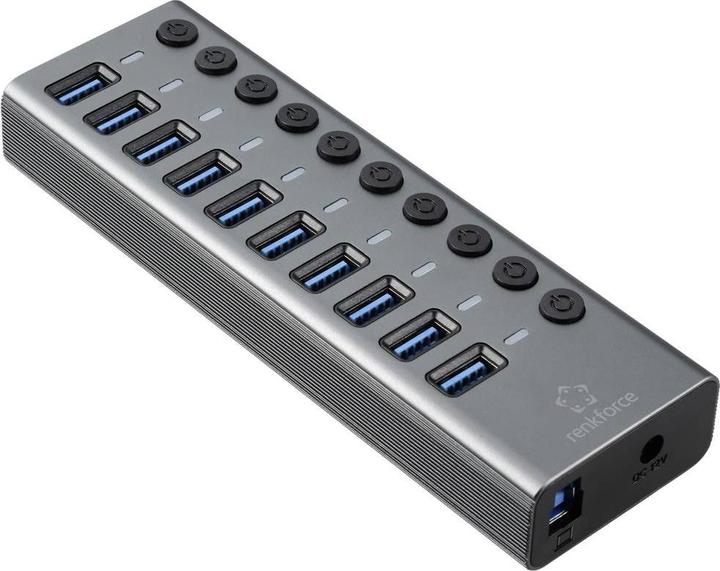 Produktbild Renkforce 10 Port USB 3.2 Gen 1-Umschalter + Hub (USB 3.0) mit Aluminiumgehäuse Silber-Schwarz (USB-A, 10 Ports)