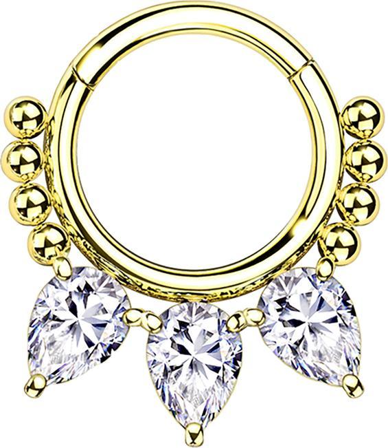 Star Piercing Micro Segmentring klappbar vergoldet Kugeln und drei tropfen Kristalle (Chirurgenstahl 316L, ohne Messing)