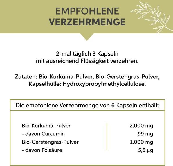 Valeurs nutritives et ingrédients Eltabia Gélules de curcuma bio à l'herbe d'orge 100 (100 pièce(s), Capsules)