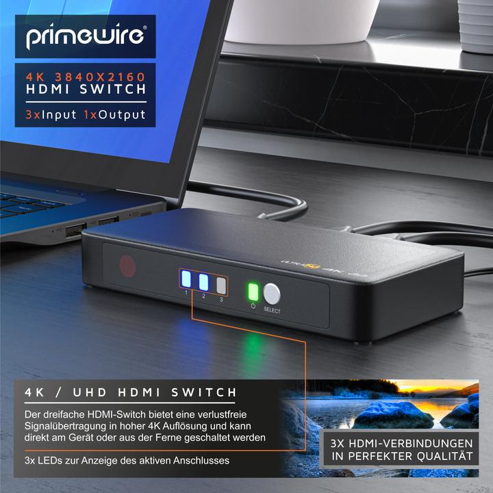 Produktbild Primewire 4k HDMI Switch 3 Port mit Fernbedienung / 3D + CEC / 2160p 30Hz